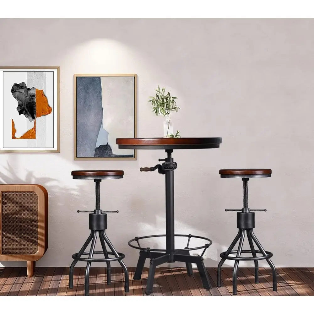 Set 2 Industrial Bar Stool, Adjustable 23-30 Inch Tall Round Wood and Metal Swivel Stools
