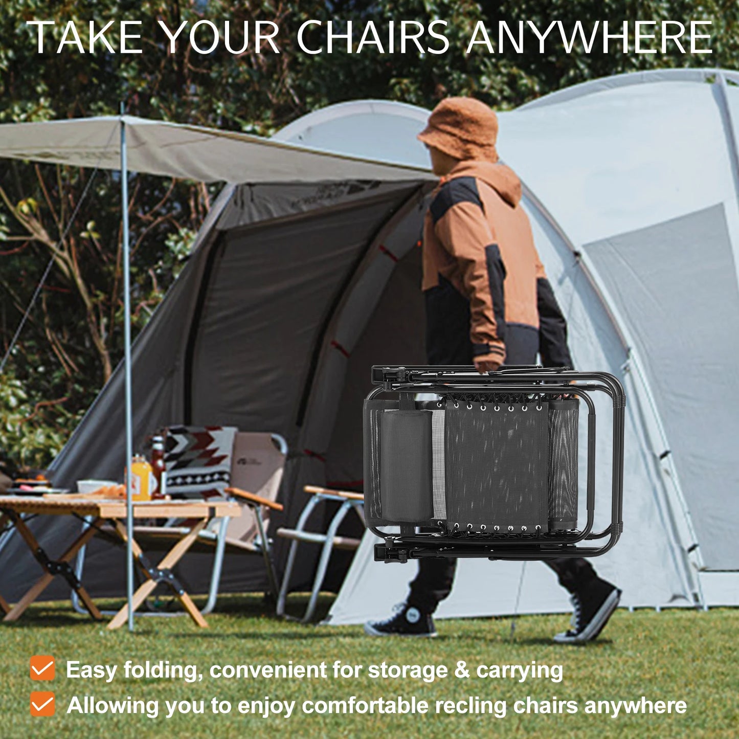 Zero Gravity Recliner Chairs, Set of 2 – Portable Outdoor Lounge Chairs with Cup Holder Trays & Adjustable Pillow