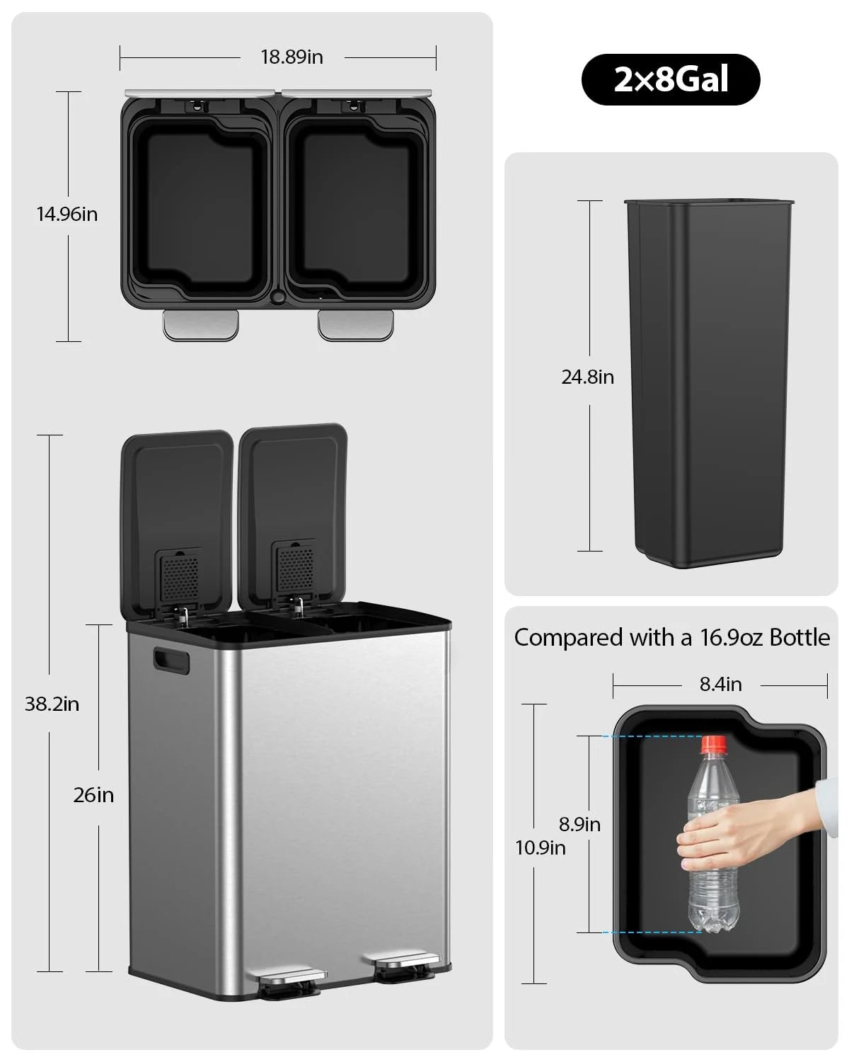 Kitchen Trash Can - Stainless Steel Trash and Recycle Bin Combo with Soft-Close Lid, Dual