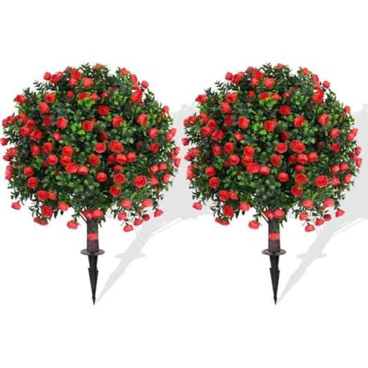 Artificial Rose Topiary Ball Trees – 2 Pack 16" UV‑Resistant Outdoor Faux Shrubs with Ground Spikes