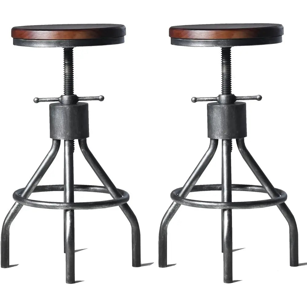 Set 2 Industrial Bar Stool, Adjustable 23-30 Inch Tall Round Wood and Metal Swivel Stools