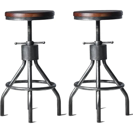 Set 2 Industrial Bar Stool, Adjustable 23-30 Inch Tall Round Wood and Metal Swivel Stools