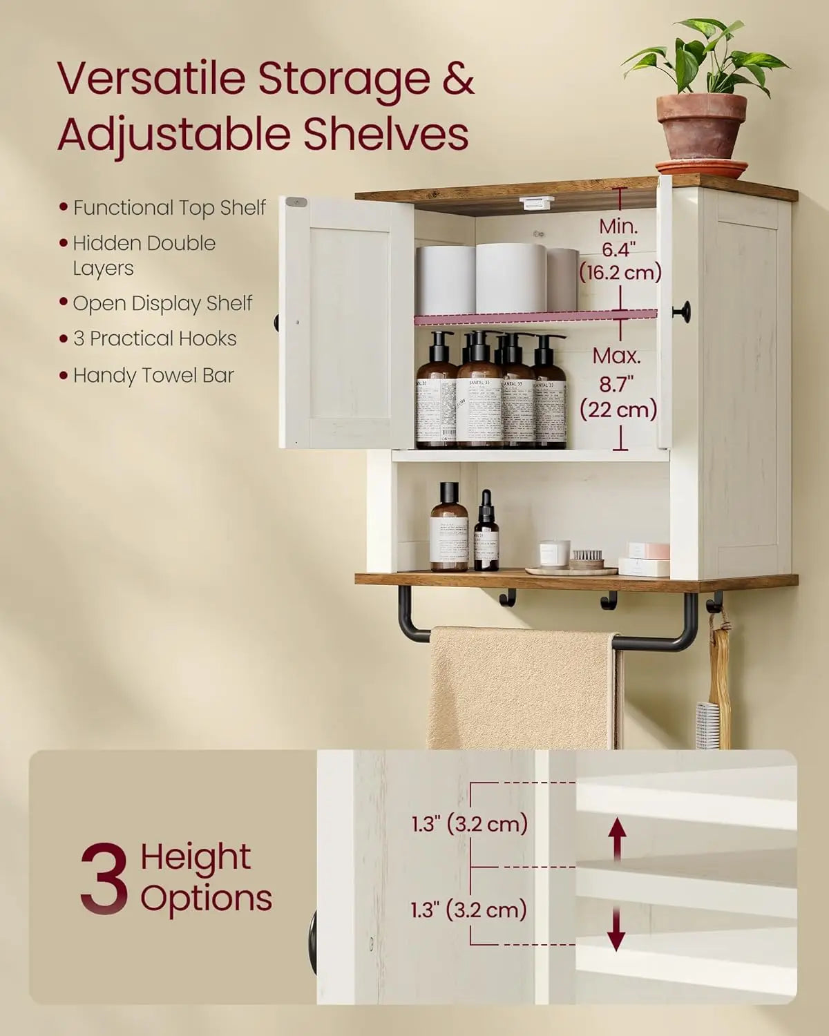 Farmhouse Wall-Mounted Bathroom Cabinet with Adjustable Shelf, Towel Bar, and Barn Doors - Rustic White