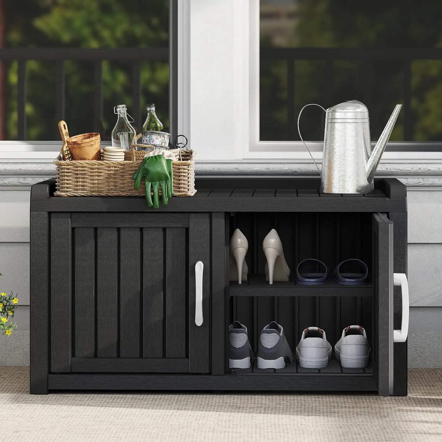 Entryway Shoe Organizer Bench, Waterproof UV-Resistant Shoe Storage Cabinet with Adjustable Shelves