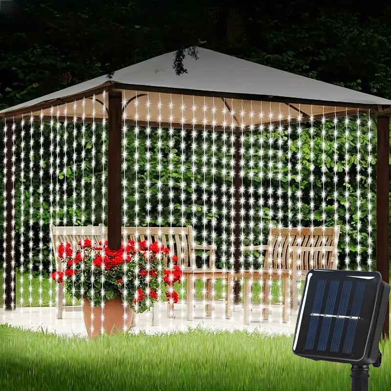 Outdoor Solar Curtain String Lights – Waterproof LED Set with 8 Lighting Modes