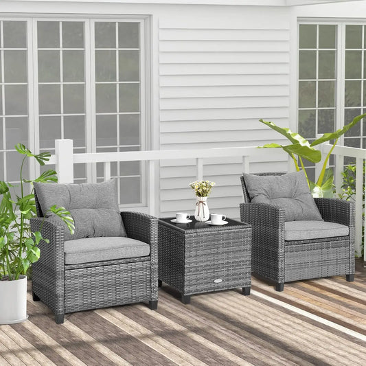 3 Pieces Patio Furniture Set, Outdoor Rattan Chair Set with Tempered Glass Side Table