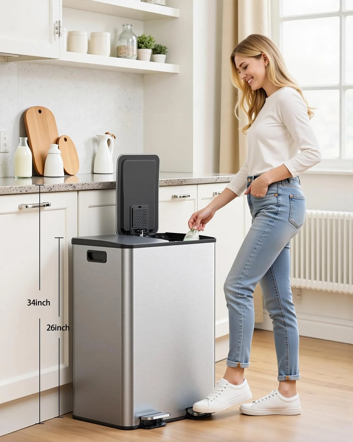 Kitchen Trash Can - Stainless Steel Trash and Recycle Bin Combo with Soft-Close Lid, Dual
