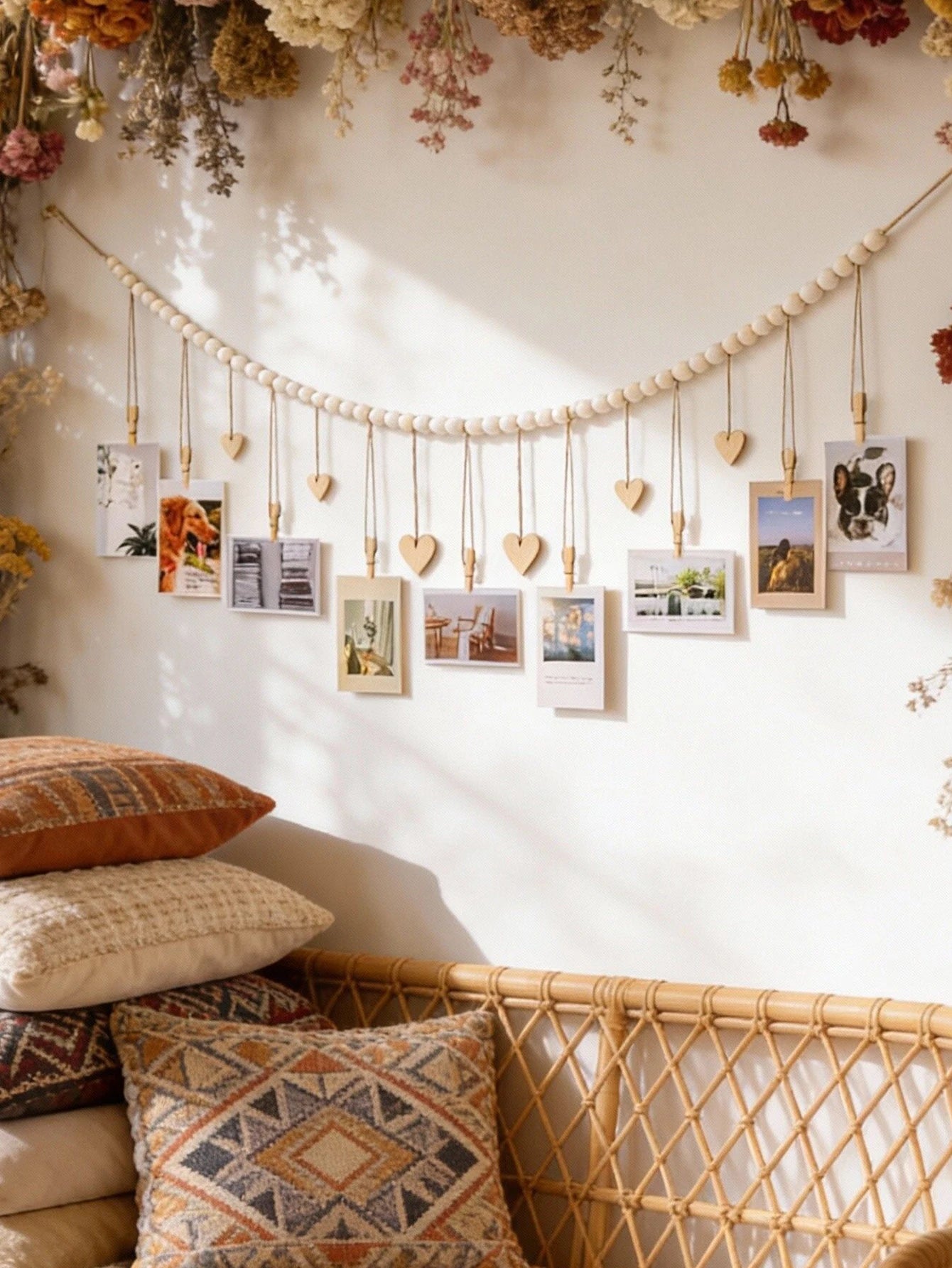 Wooden Bead Photo Garland with Heart Clips – Boho Hanging Picture Display for Bedroom, Dorm & Home Décor