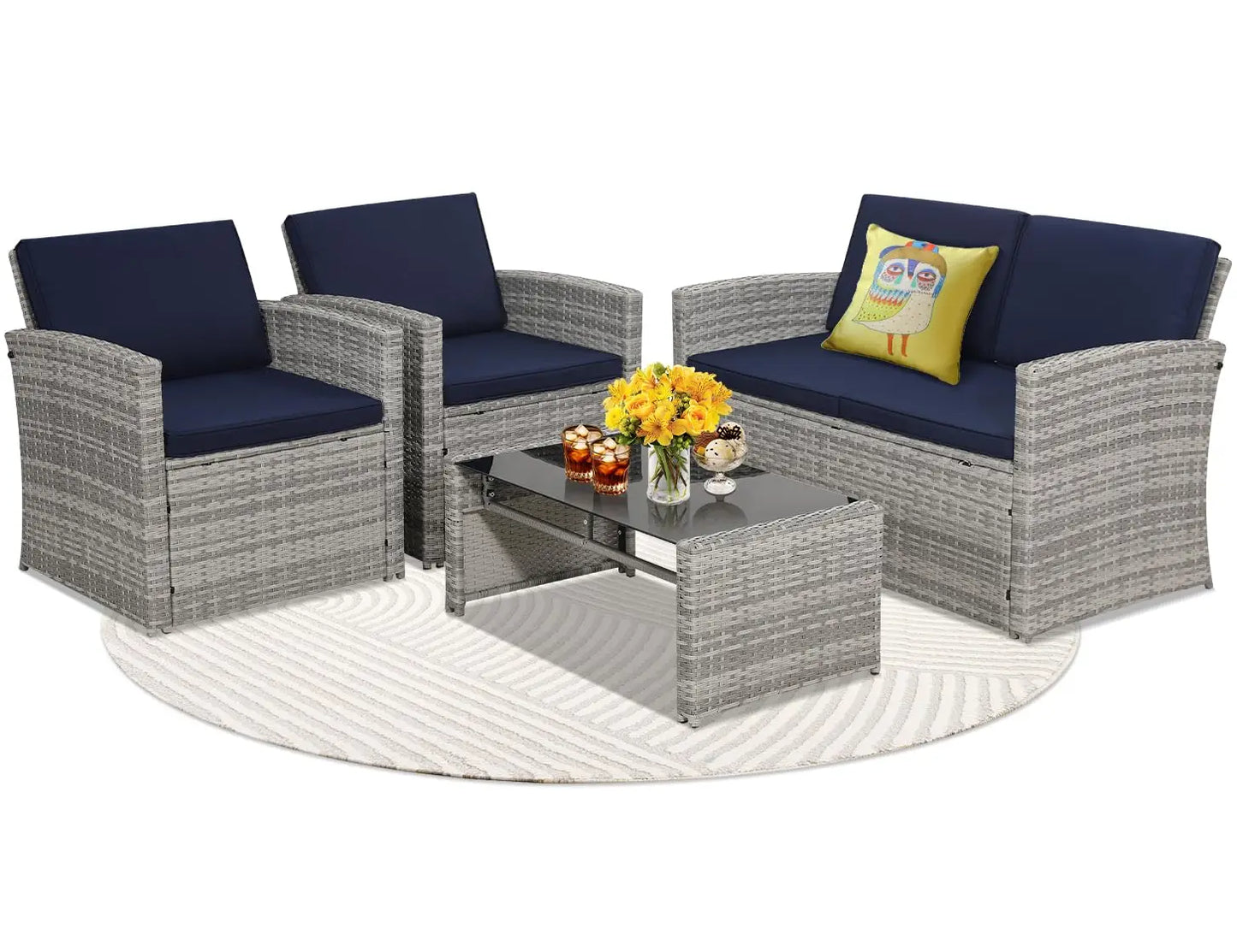 4‑Piece All‑Weather Rattan Sectional Sofa – Outdoor Patio Furniture Set with Cushions & Tempered Glass Table