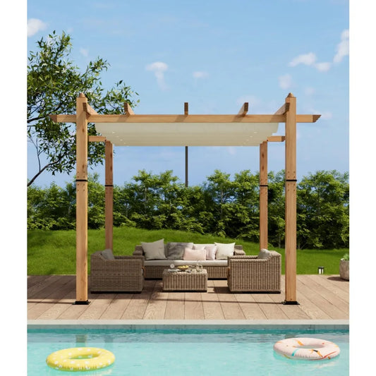 10'×10' Aluminum Pergola – Faux Wood Outdoor Pergola with Retractable Canopy