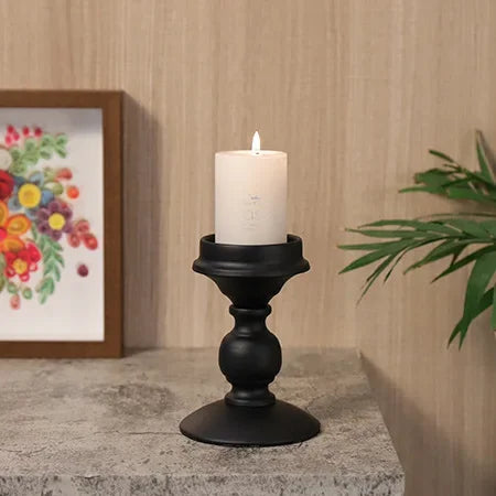 Nordic Statuesque Pillar Candle Holders – Matte Black Metal Accent Set (Sold Individually or Set of 3)