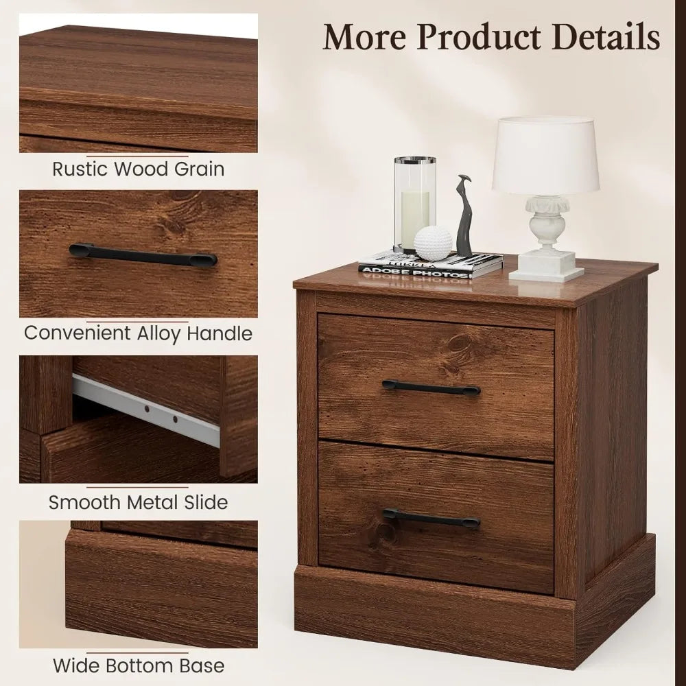 Wood Nightstands Set of 2 – Bedside Tables with 2 Storage Drawers