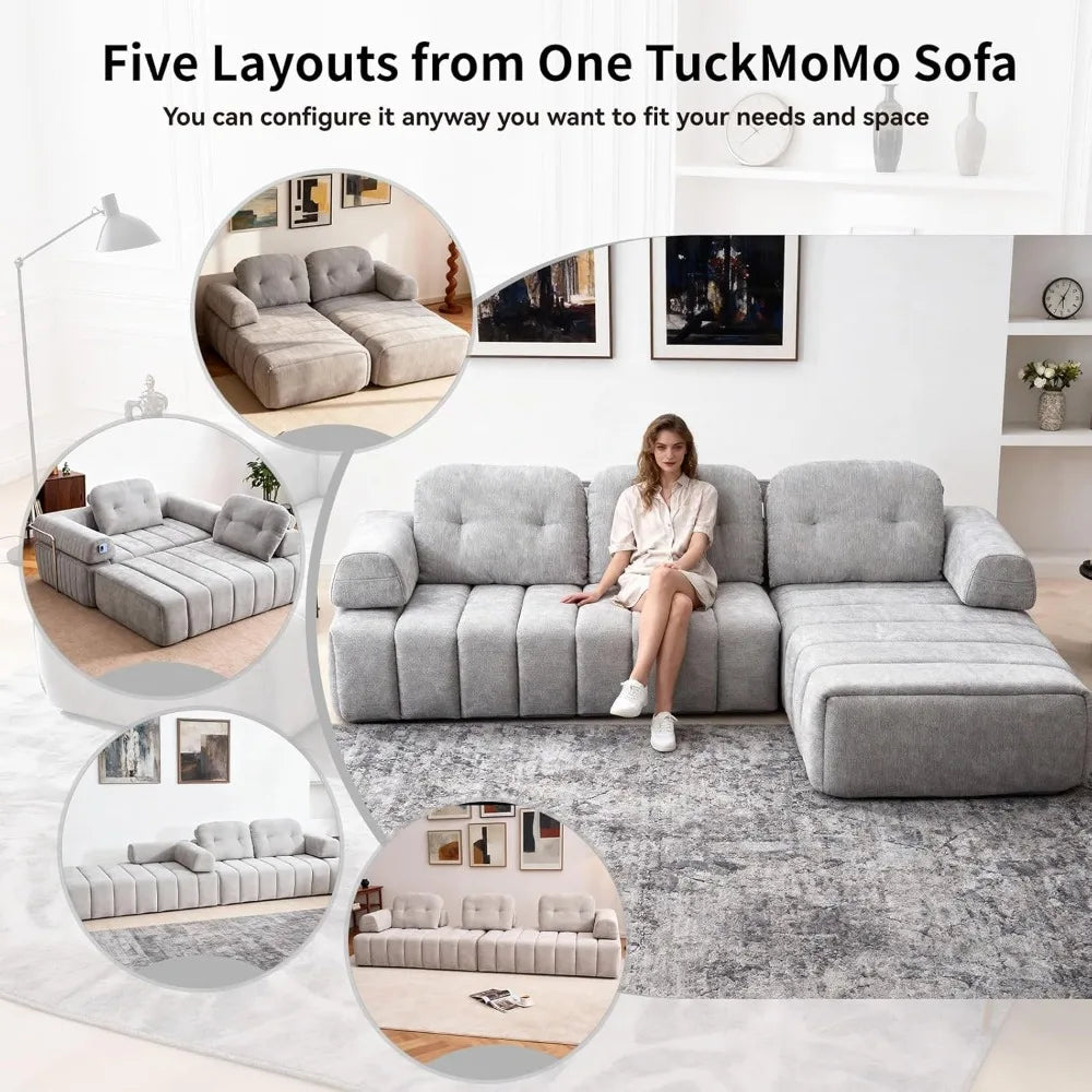 Modular Sectional Sofa with Chaise, L-Shape with Pillows and Side Pockets, 3-Seater