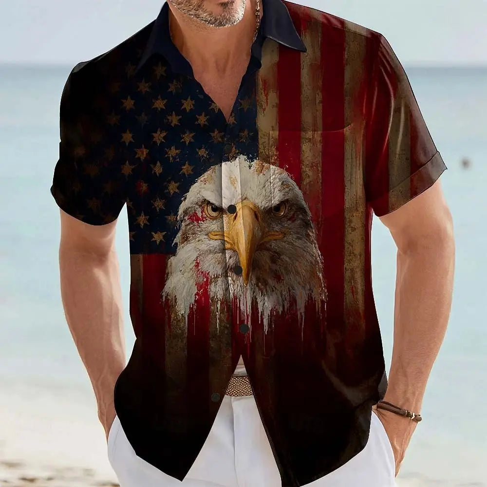 Men's Eagle US Flag America's 250th Anniversary Shirt Button Up Shirt Short Sleeve Vintage Retro Outdoor Summer Front One Pocket