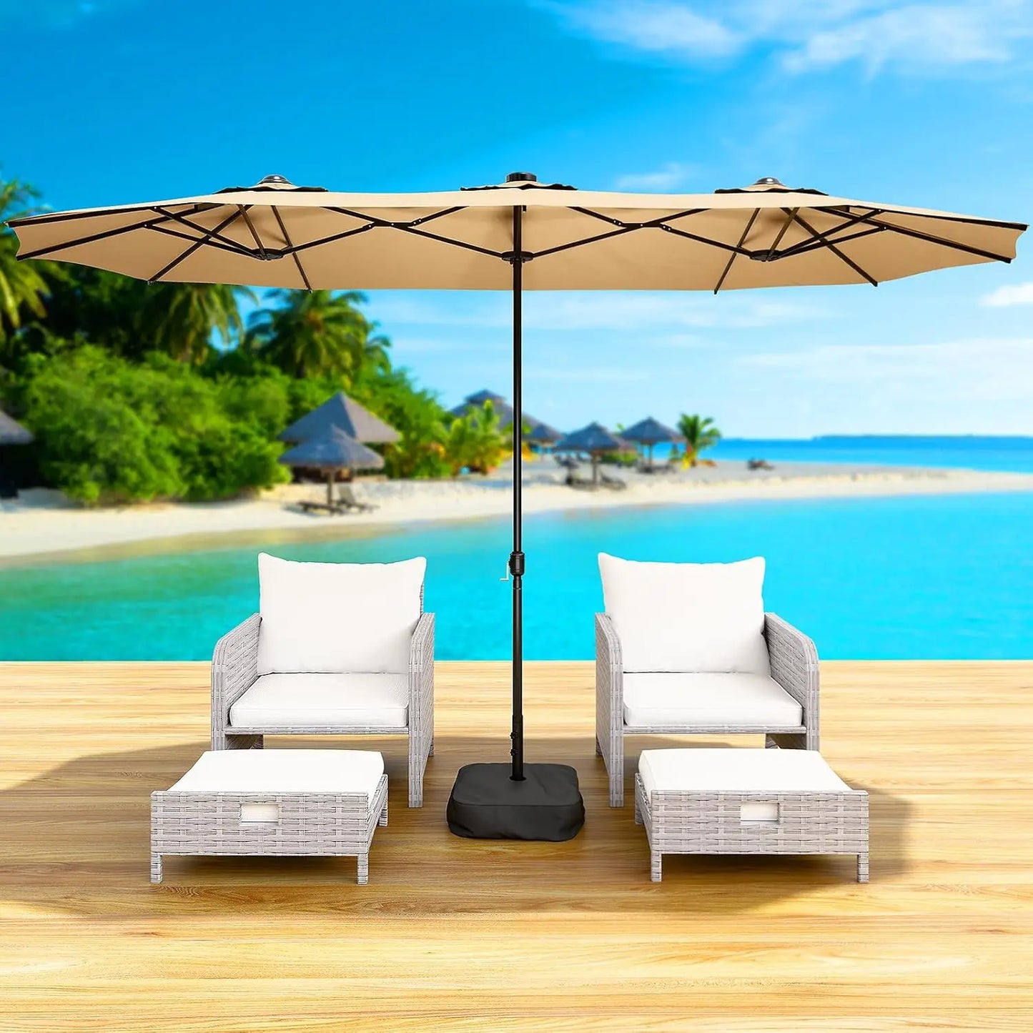 15FT Double‑Sided Patio Umbrella with Base – Large Rectangular Outdoor Shade for Backyard, Poolside & Garden (Khaki)