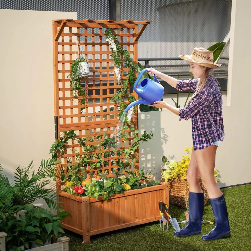 72.5 Tall Wooden Planter Box with Trellis, Hanging Bar, Drainage, and Lattice Panel for Climbing Plants
