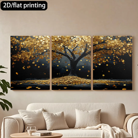 3pc wooden frame canvas decorative painting tree laden with golden coins