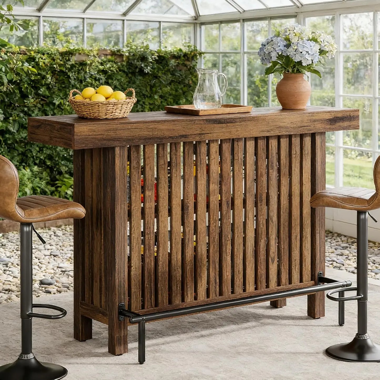 63" Counter Height Bar Table with Footrest 2-Tier Storage Shelf
