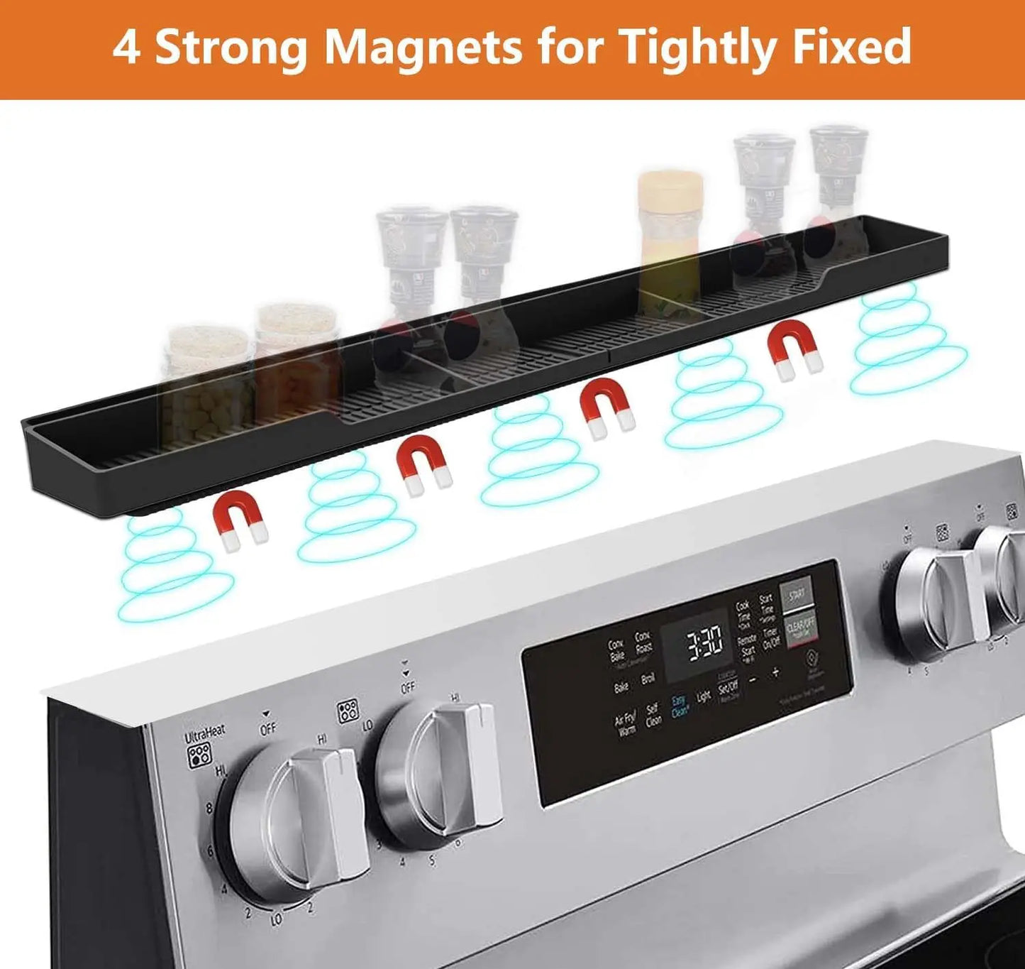 Magnetic Stove Top Shelf with 3 Partitions, Silicone Material for Kitchen Spice Rack Organizer in Black