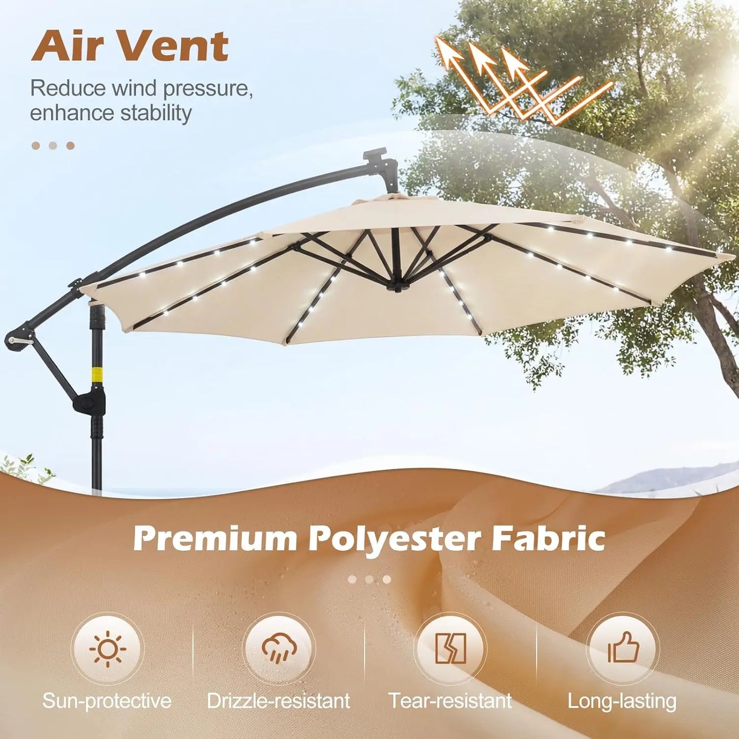 10FT Solar Cantilever Patio Umbrella with Base – Offset Umbrella with 32 LED Lights & Infinite Tilt