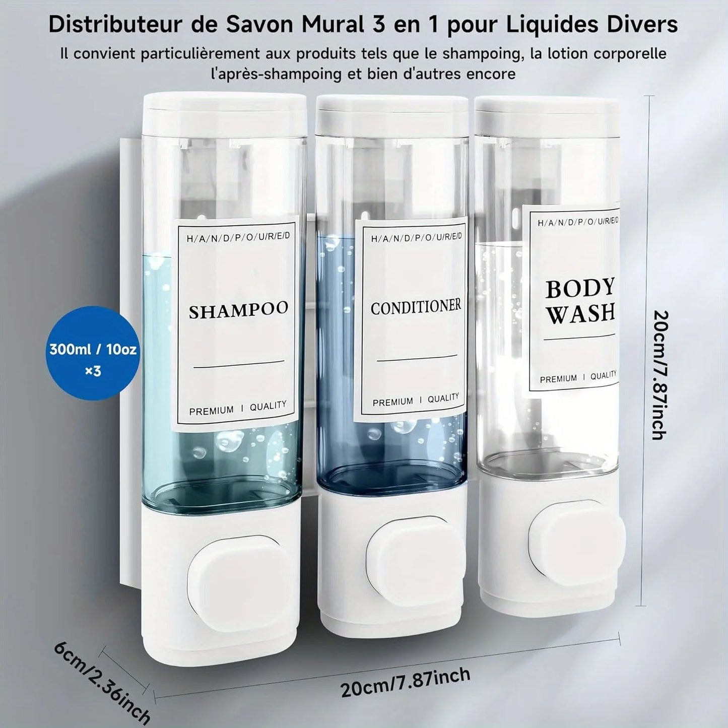 Wall-mounted 3-in-1 Soap, Shampoo and Conditioner Dispenser, No Drilling Required
