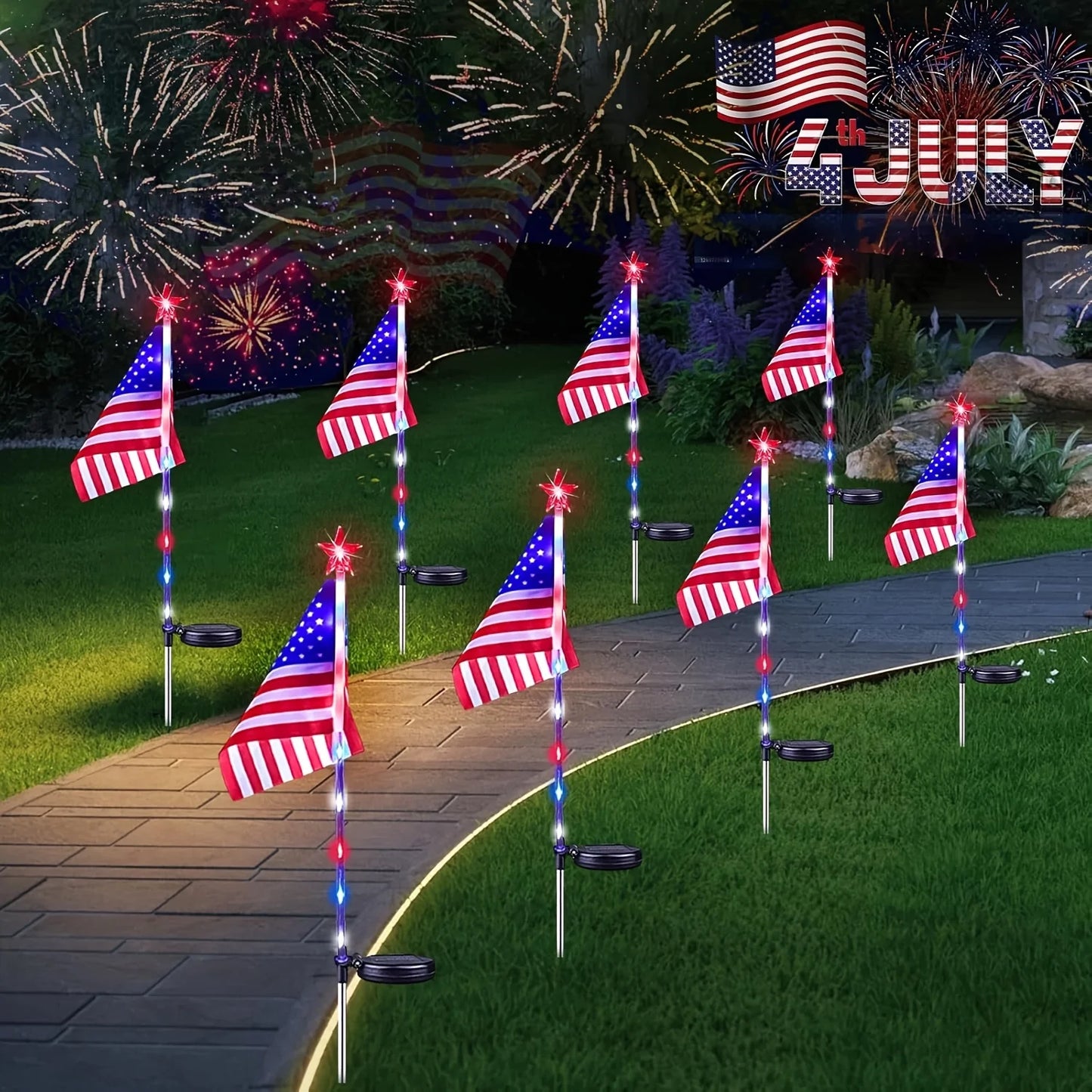 8-PCS USA Flag LED Solar Lights – Patriotic 4th of July Yard & Garden Stakes for Independence Day