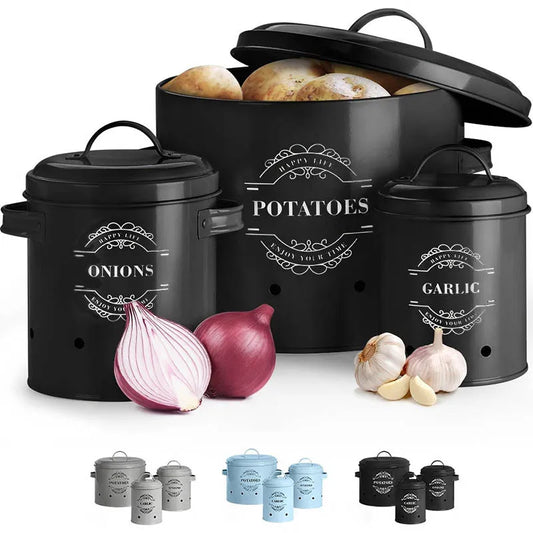 3‑Piece Garlic, Potato & Onion Storage Bin Set – Ventilated Metal Containers with Lids