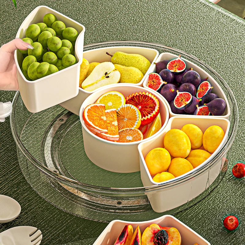 Multi Compartment Round tray with  Clear Lid and Handle and Dividers, Rotating Serving Tray