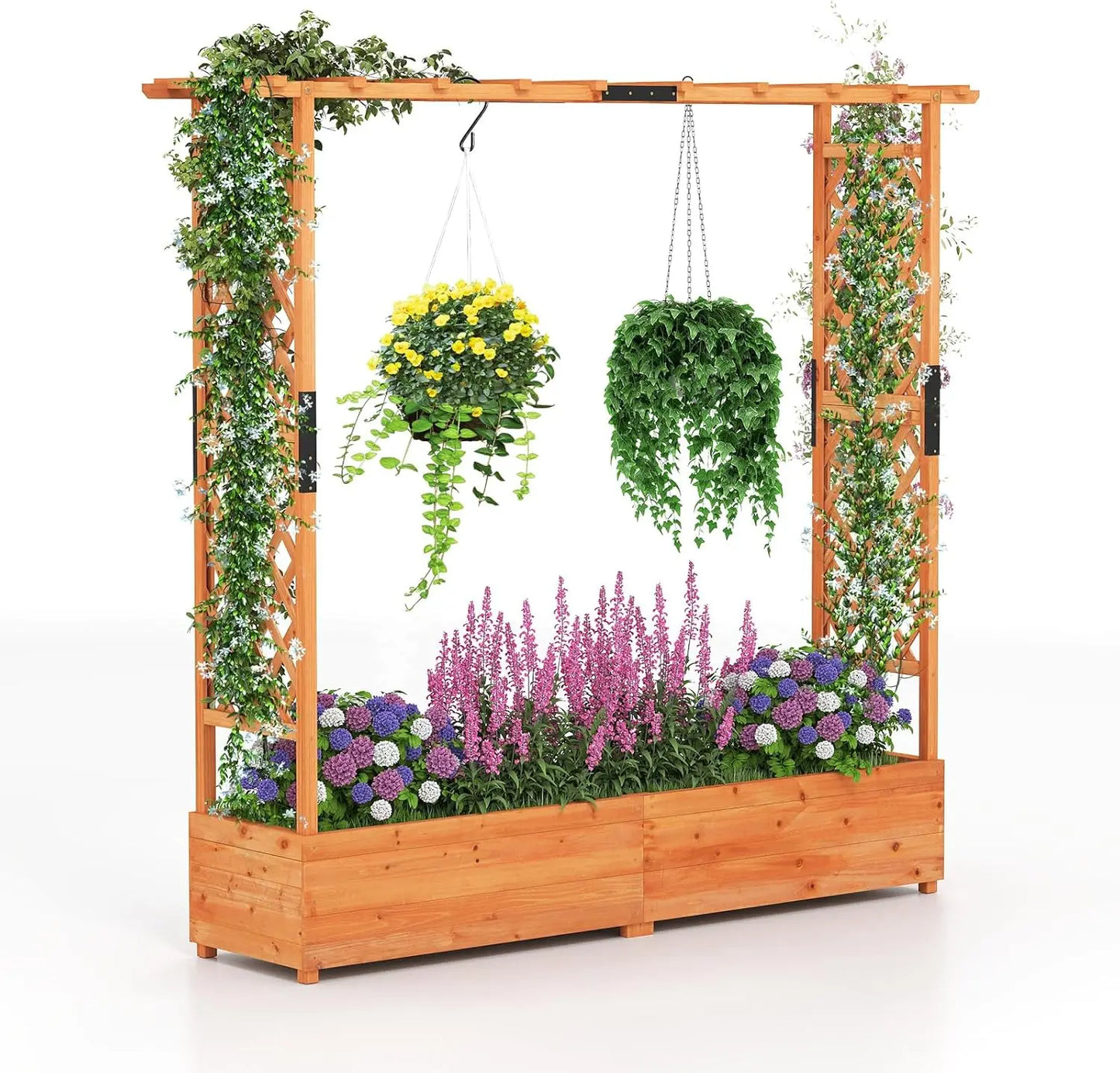 Freestanding Wood Planter Box with Trellis, Hanging Roof & Drainage for Climbing Plants, Flowers, Outdoor Garden