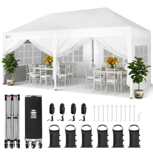 10×20 Commercial Pop‑Up Canopy – White Fabric Tent with 6 Sidewalls & 6 Sandbags for Outdoor Events