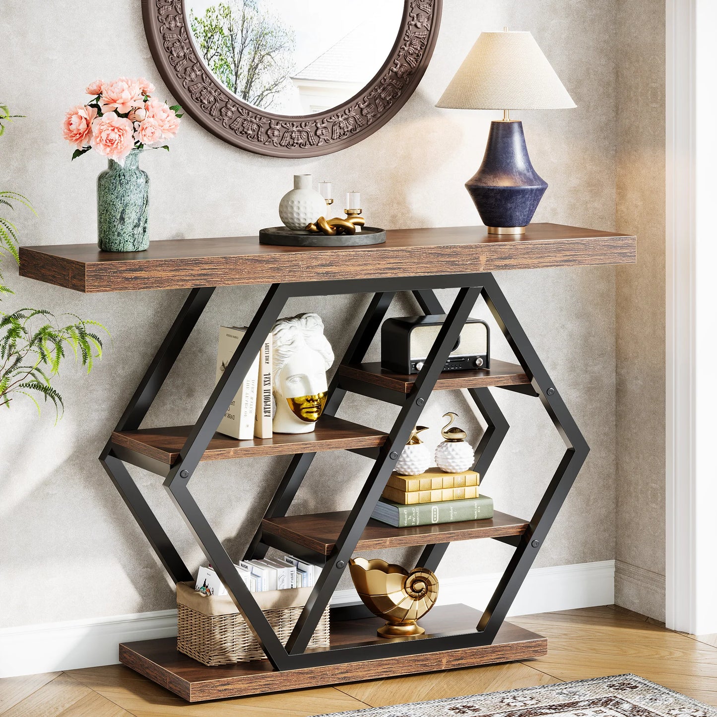 Console Table, 39-Inch Entryway or Sofa Table with Thickened Tabletop, 4- Tier shelves