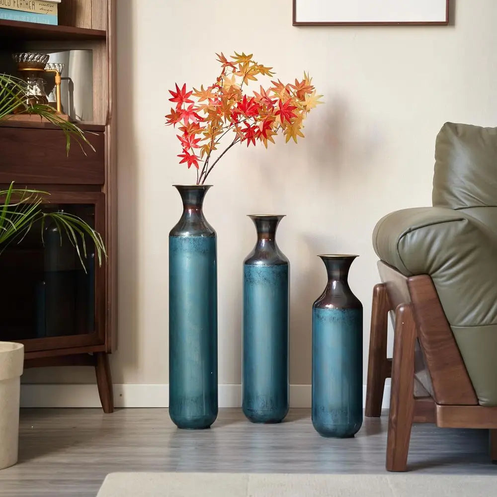 Set of 3 Large Metal Decorative Vases – Elegant Glazed Vase Trio for Living Room, Entryway, Hallway & Dining Room Décor