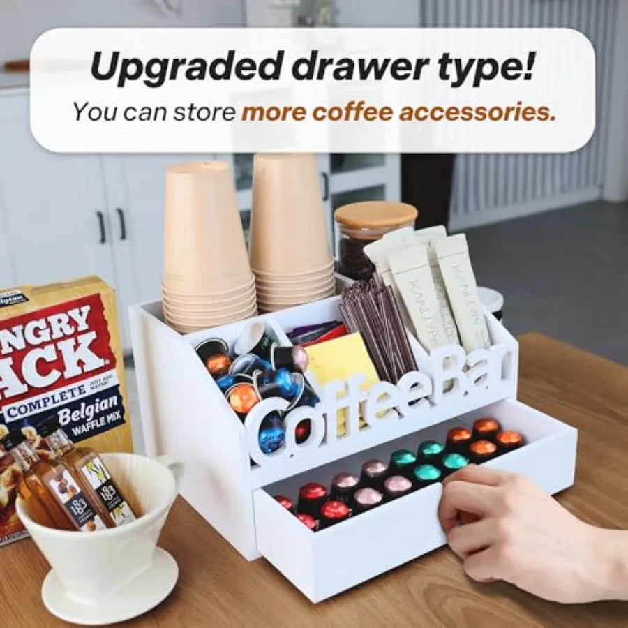 Coffee Bar Organizer for Countertop Wooden Coffee Station with Drawer Tea and K Cup Storage Condiment Rack Coffee Pod Holder