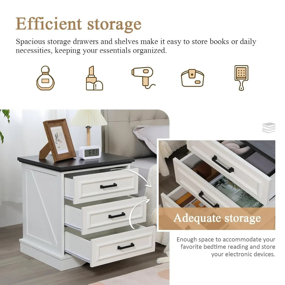 Farmhouse Nightstand Set of 2 – Wood Bedside Tables with Charging Station and 2 or 3 Drawers