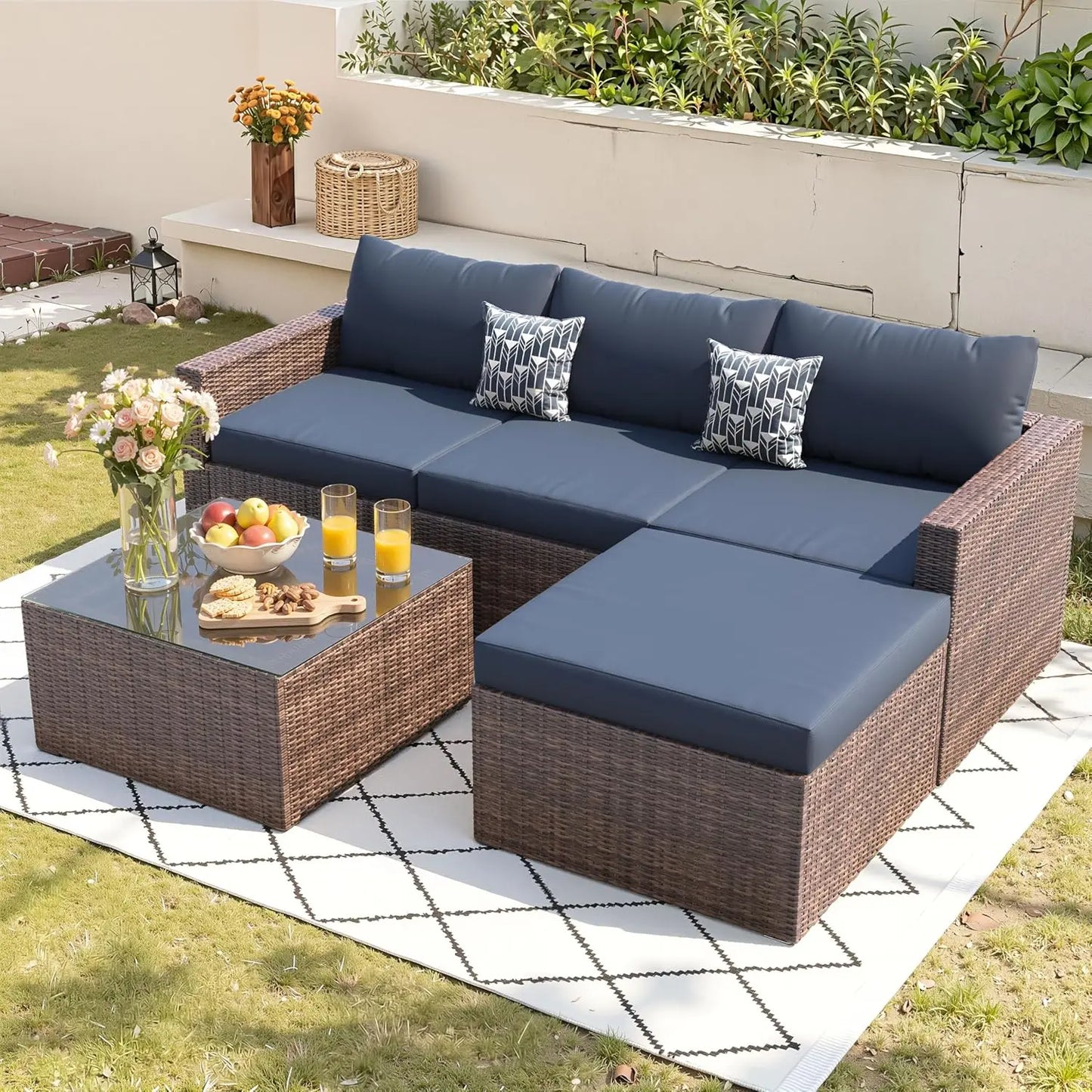 5 Piece Patio Furniture Set, All-Weather Wicker, L Shaped