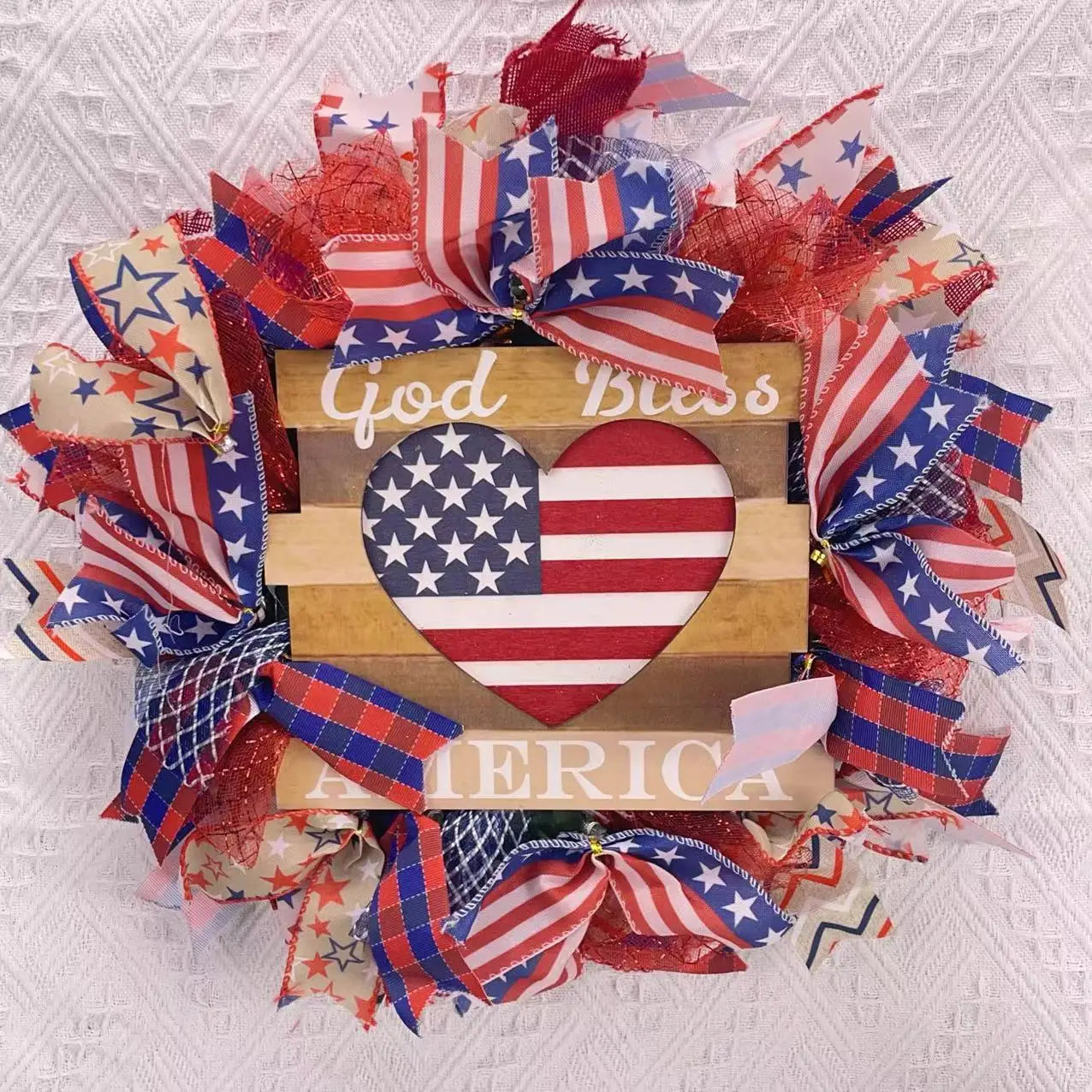 Handmade Patriotic Wreath – Red, White & Blue Independence Day Front Door Decoration