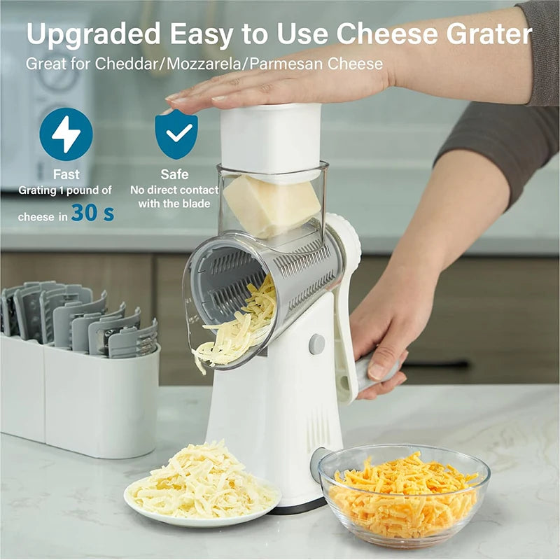 5 in 1 Rotary Cheese Grater Shredder Kitchen - Vegetable Julienne Slicer Waffle Cutter Nut Chopper