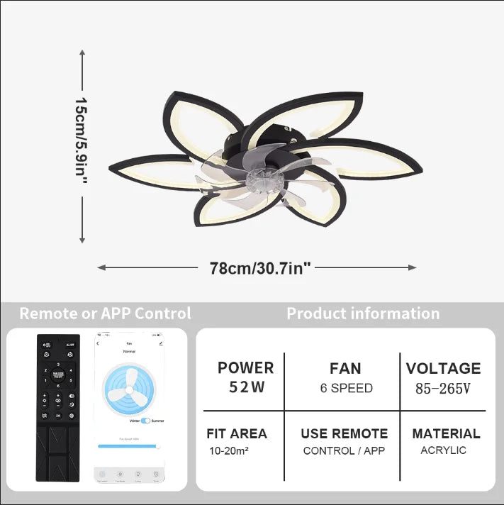 Ceiling Fan with Lights, Modern Dimmable Flower Shape, Remote Control/app, 6 Gear Speeds, Fan Ceiling Lamp