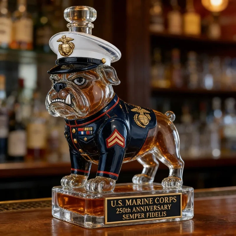 250th Anniversary U.S. Military Bulldog Whiskey Decanter, Army Themed Glass Liquor Bottle for Bar Decor & Veteran Gifts