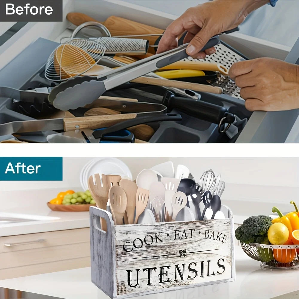 Solid Wood Kitchen Utensil Holder with Divider T