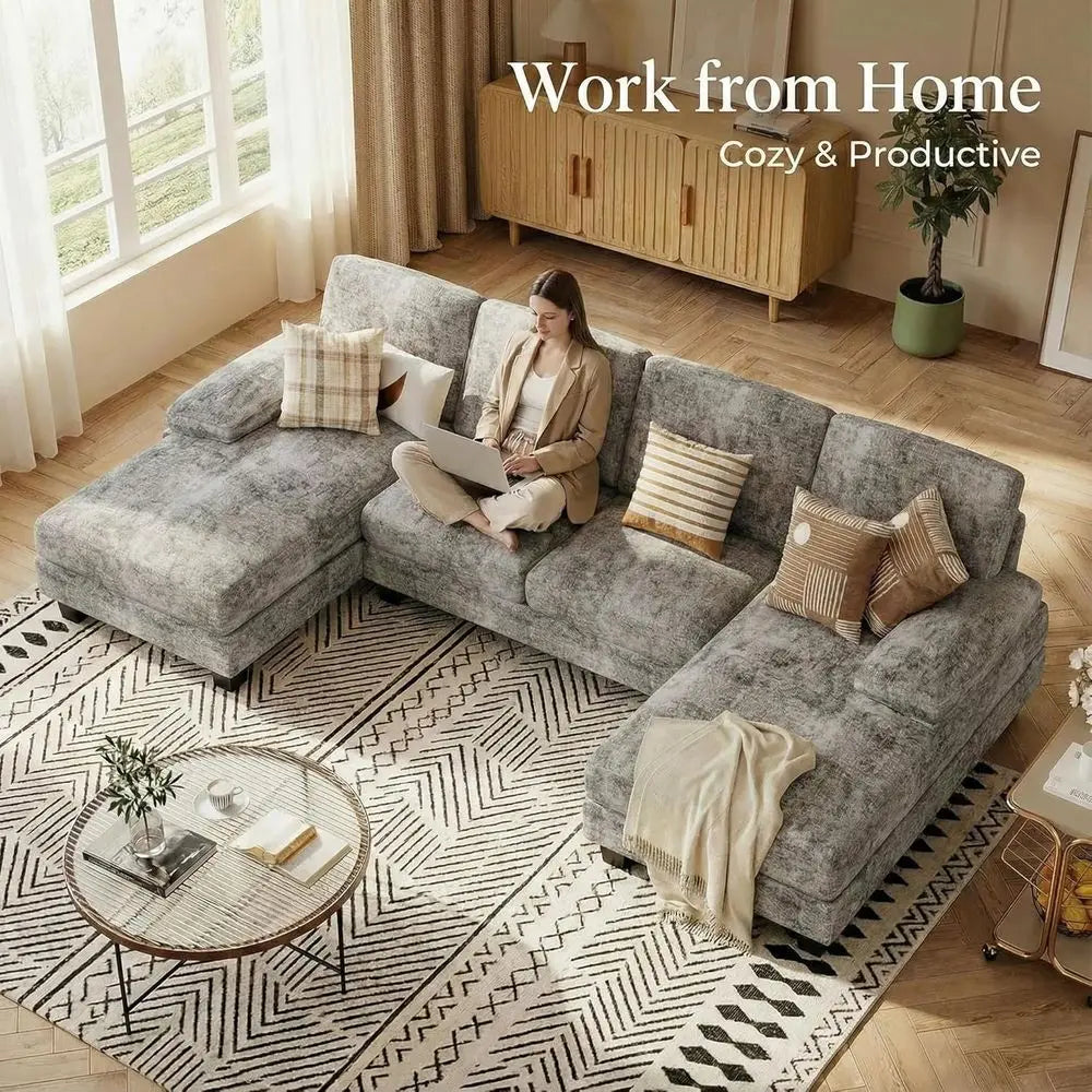 Grey Chenille 4-Seat Sectional Sofa with Removable Pillows