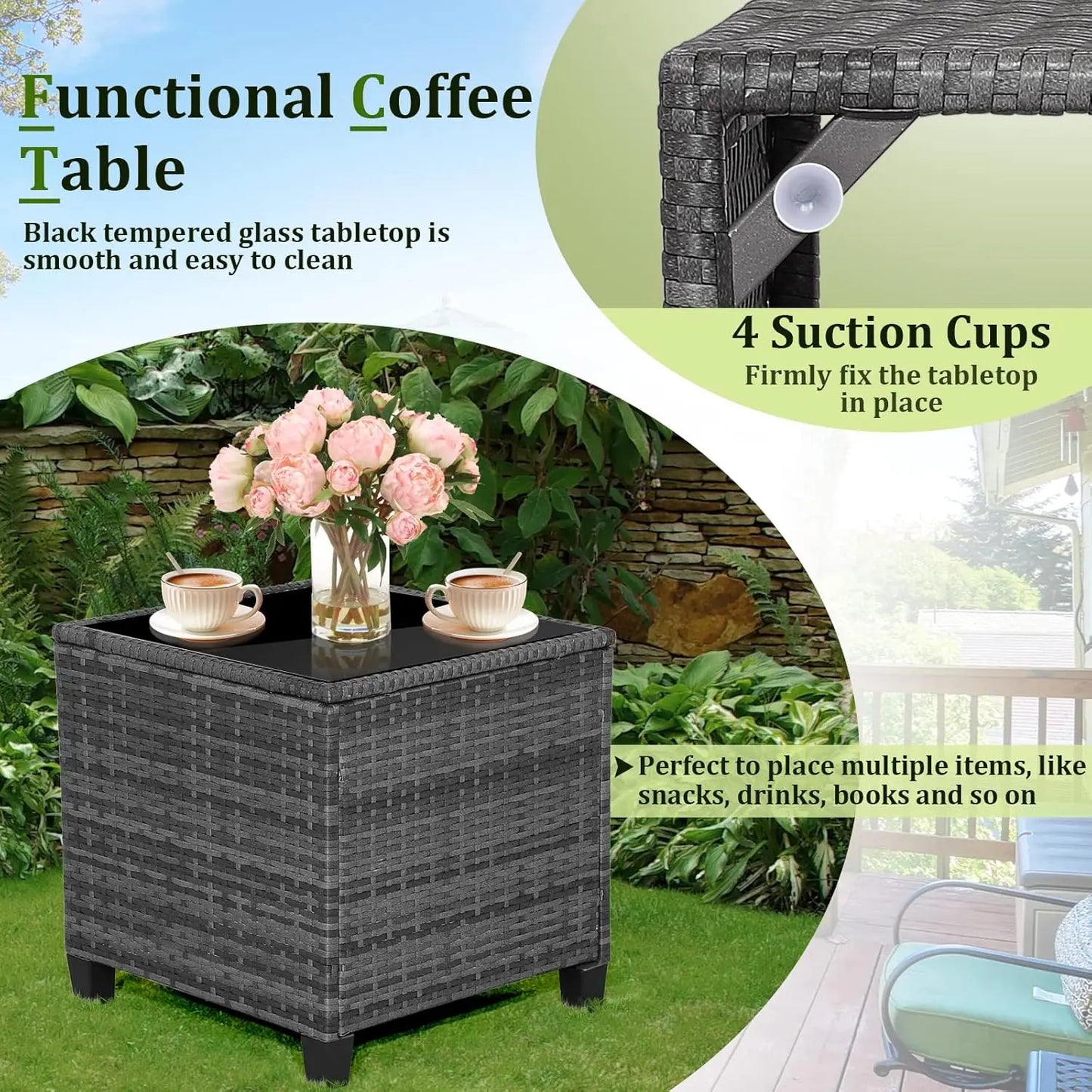 3‑Piece Wicker Patio Furniture Set – Rattan Sofa & Chairs with Tempered Glass Table and Heavy‑Duty Steel Frame