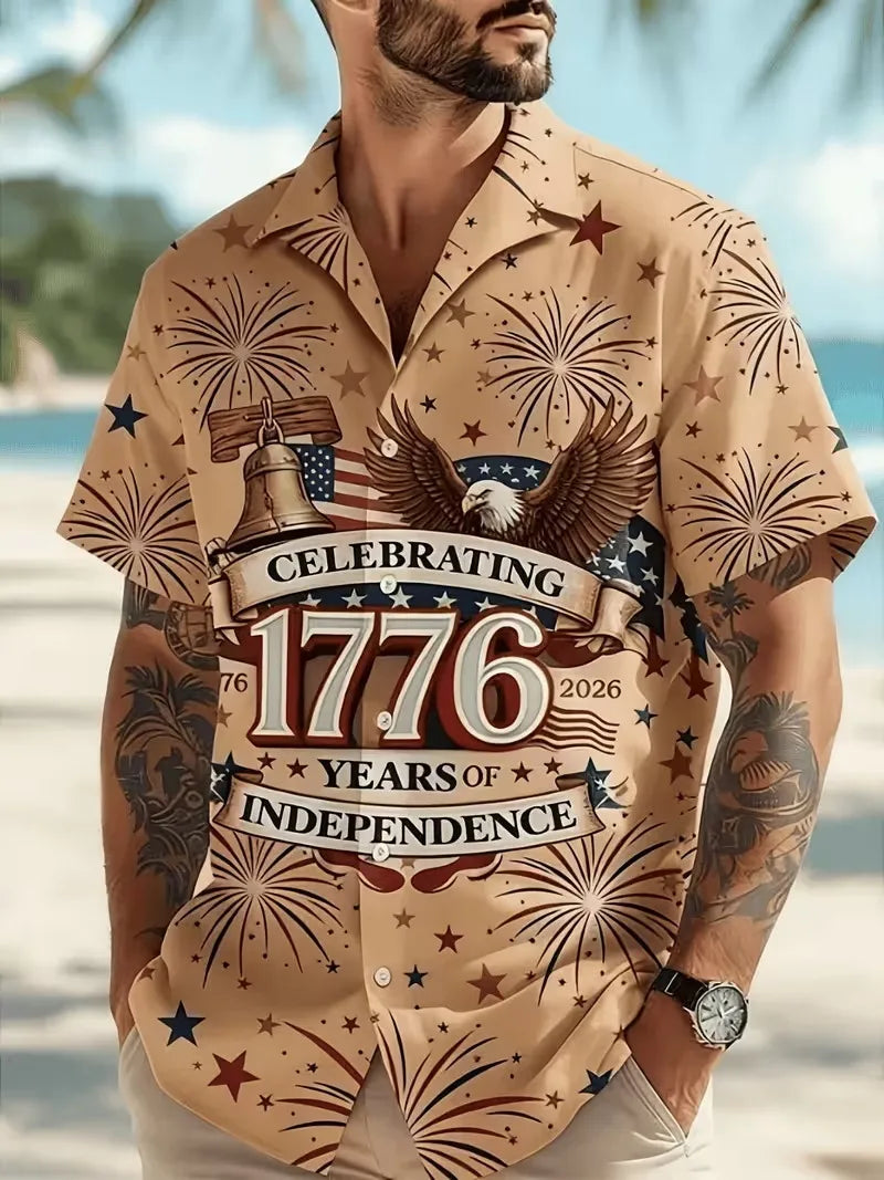 Men's 250th Anniversary US  American Flag Print Short Sleeve Button Down Shirt