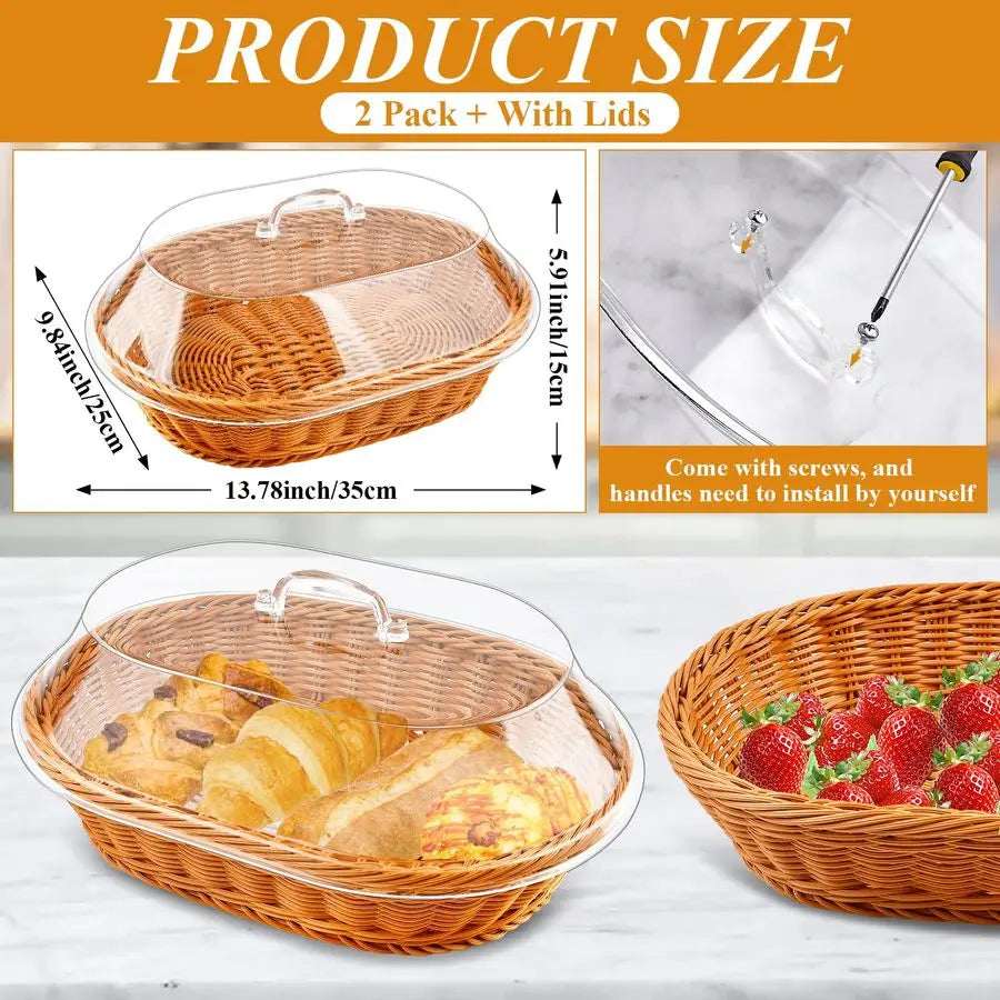 2 Pack Wicker Bread Basket with Acrylic Lid, Imitation Rattan Bread Basket, Oval Woven Fruit Basket with Cover for Food or Vegetables