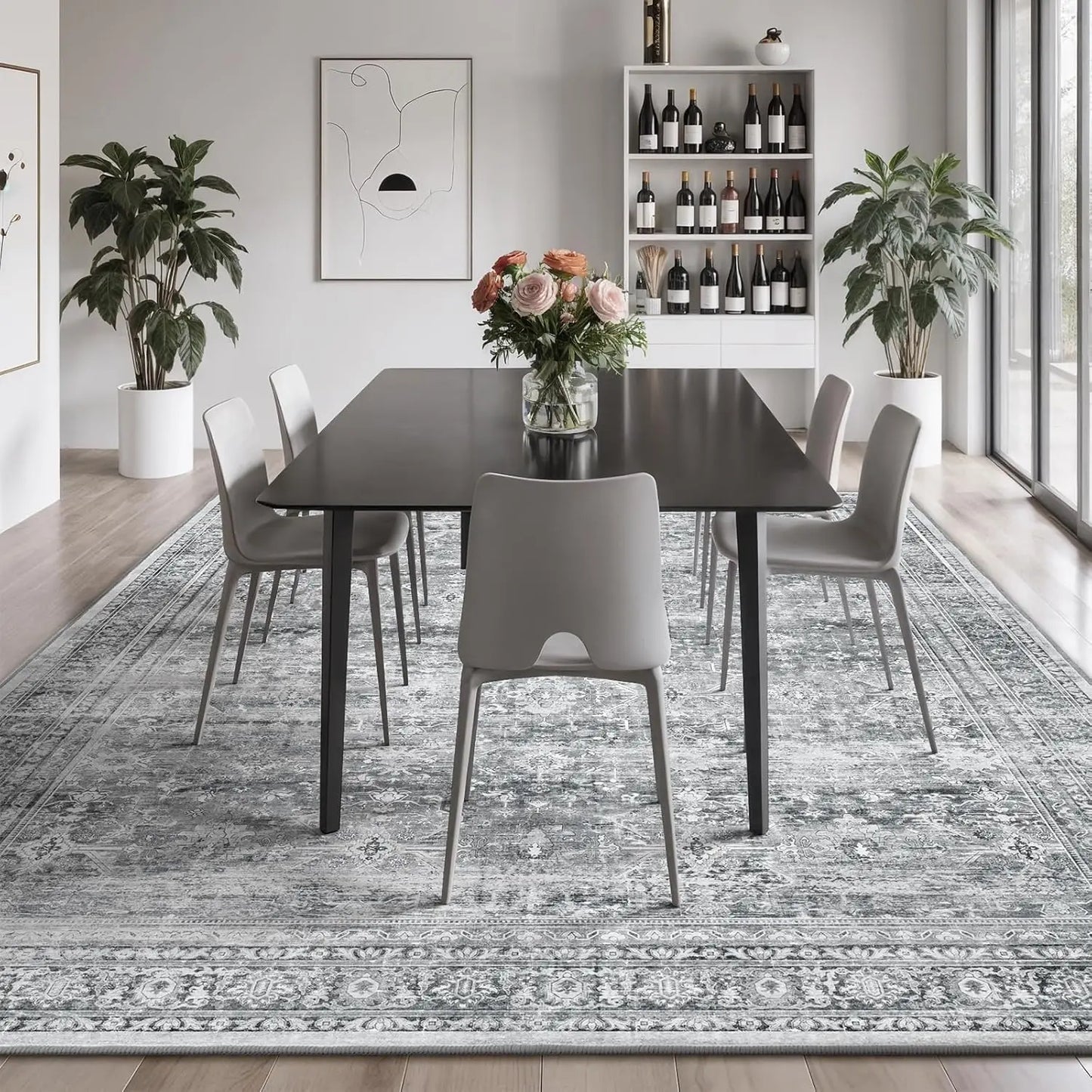 8x10 Washable Area Rug – Soft Grey Floral Design with Non‑Slip Backing