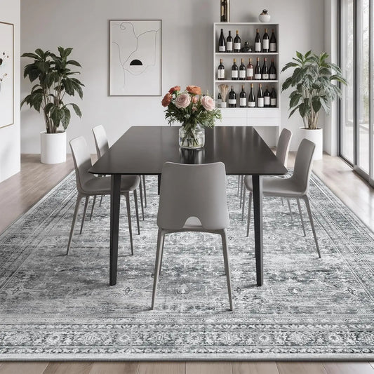 8x10 Washable Area Rug – Soft Grey Floral Design with Non‑Slip Backing