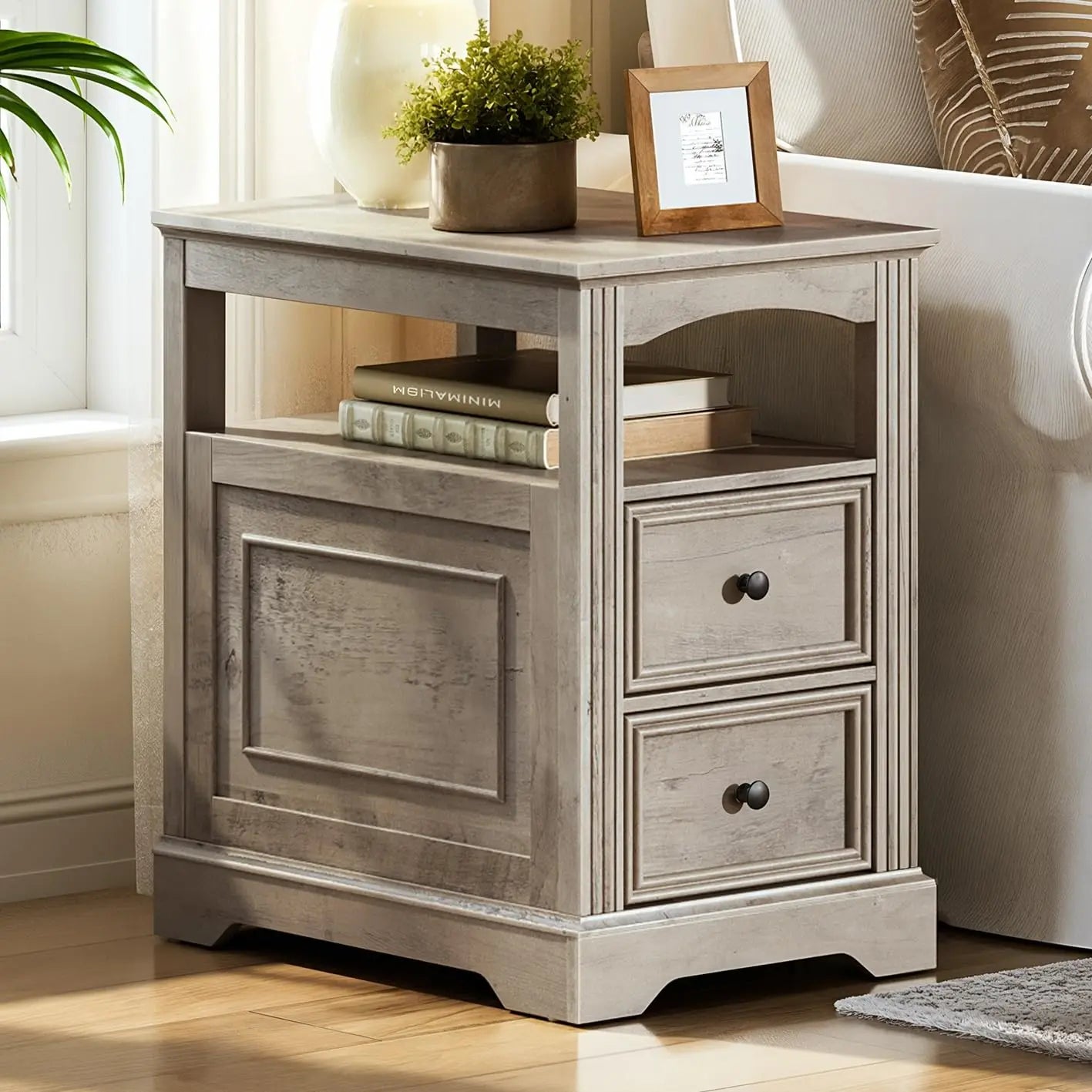 Narrow End Table with 2 Drawers – Wooden Sofa Side Table with Open Storage Shelf