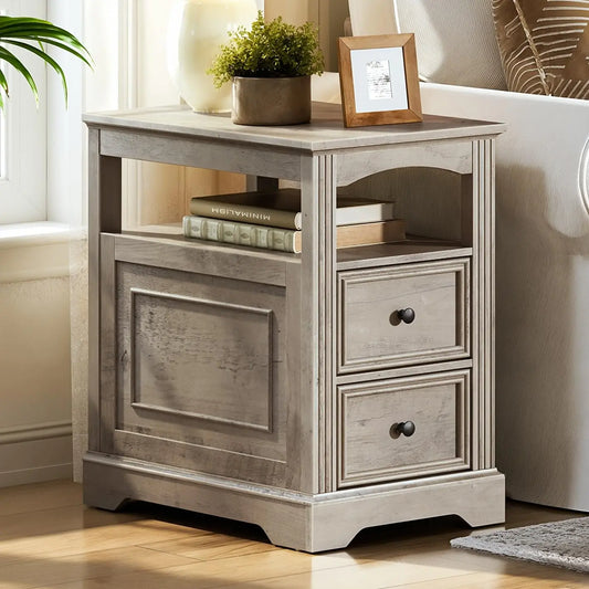 Narrow End Table with 2 Drawers – Wooden Sofa Side Table with Open Storage Shelf