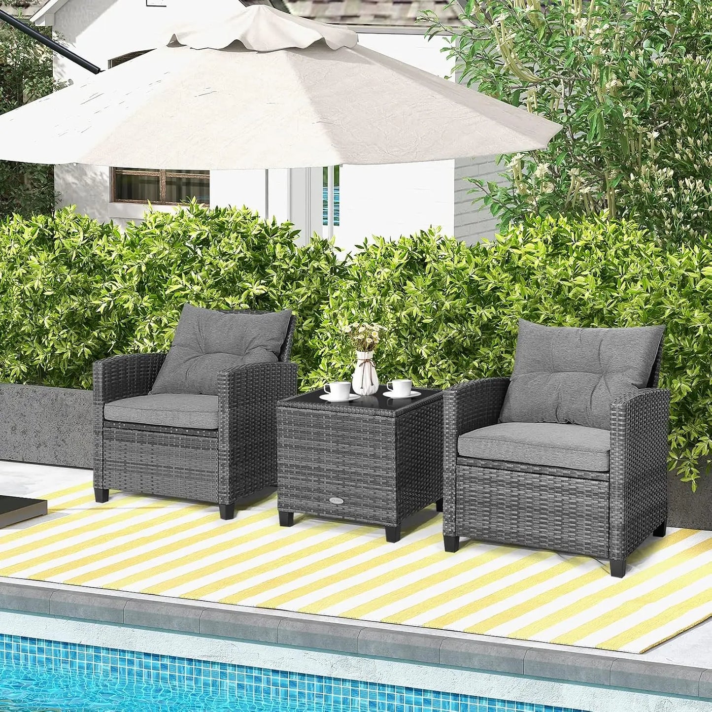 3 Pieces Patio Furniture Set, Outdoor Rattan Chair Set with Tempered Glass Side Table