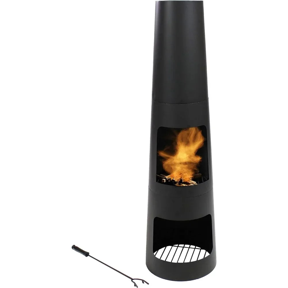Chiminea Outdoor Fireplace with Poker and Cover - Outdoor Wood-Burning Fire Pit - Black